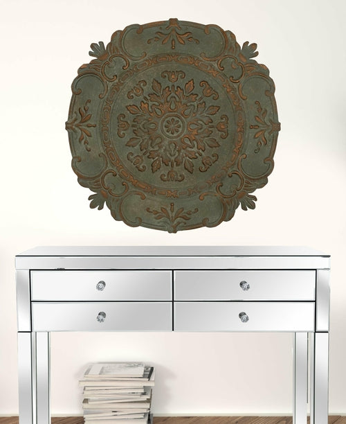 Distressed Blue European Medallion Metal Wall Decor featuring intricate designs and a vintage finish, perfect for enhancing home interiors.