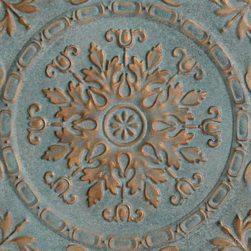 Distressed Blue European Medallion Metal Wall Decor featuring intricate designs and a vintage finish, perfect for enhancing home interiors.