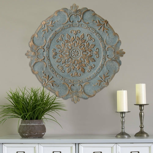 Distressed Blue European Medallion Metal Wall Decor featuring intricate designs and a vintage finish, perfect for enhancing home interiors.