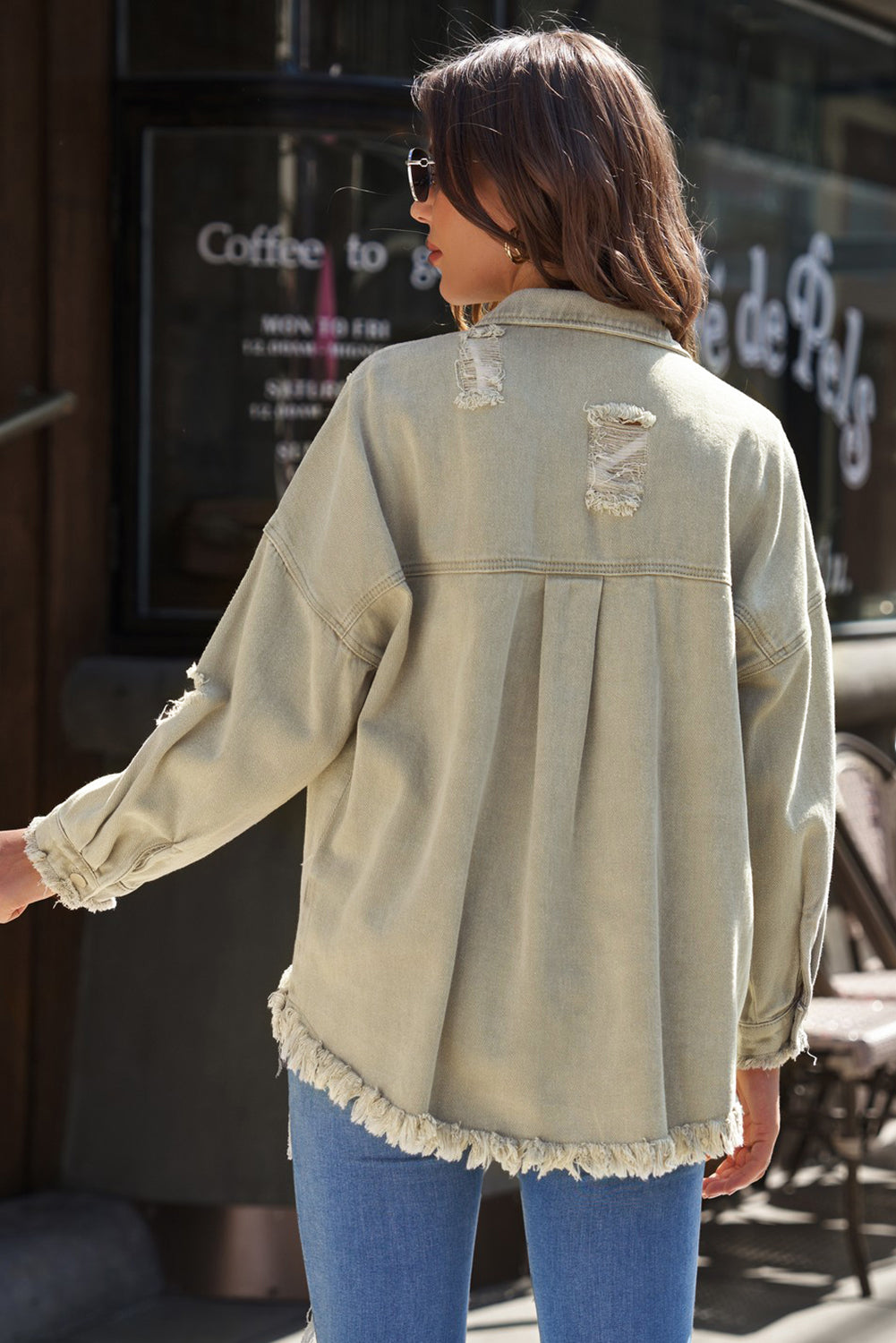 Distressed Fringe Trim Button Up Jacket featuring a collared neck and long sleeves, perfect for casual outdoor wear.