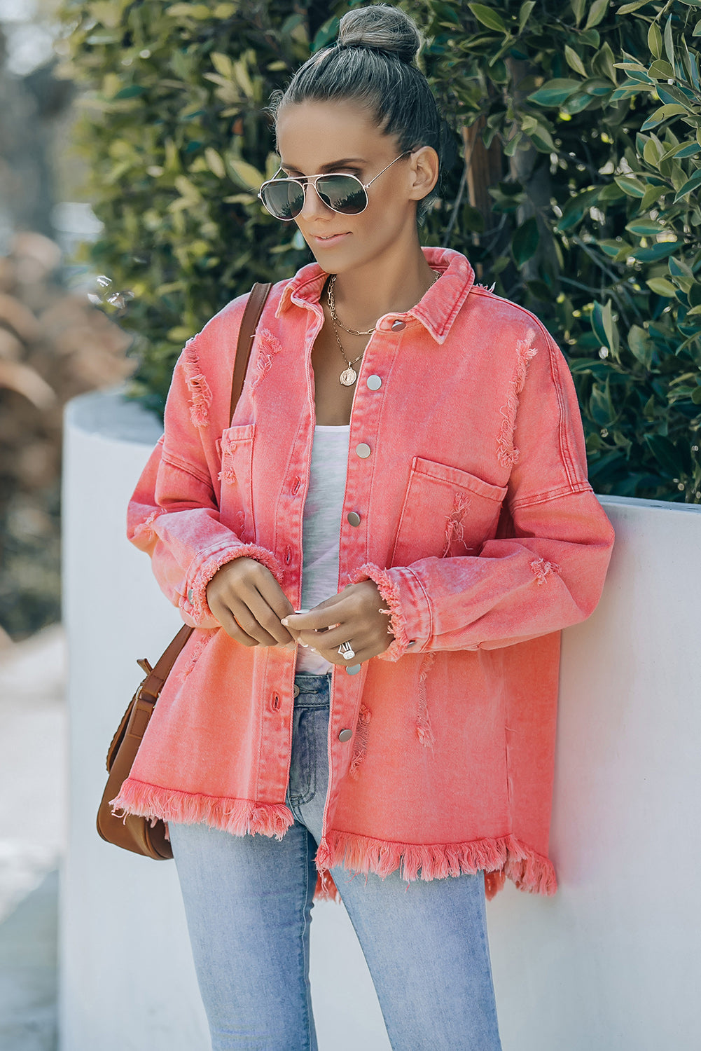 Distressed Fringe Trim Button Up Jacket featuring a collared neck and long sleeves, perfect for casual outdoor wear.