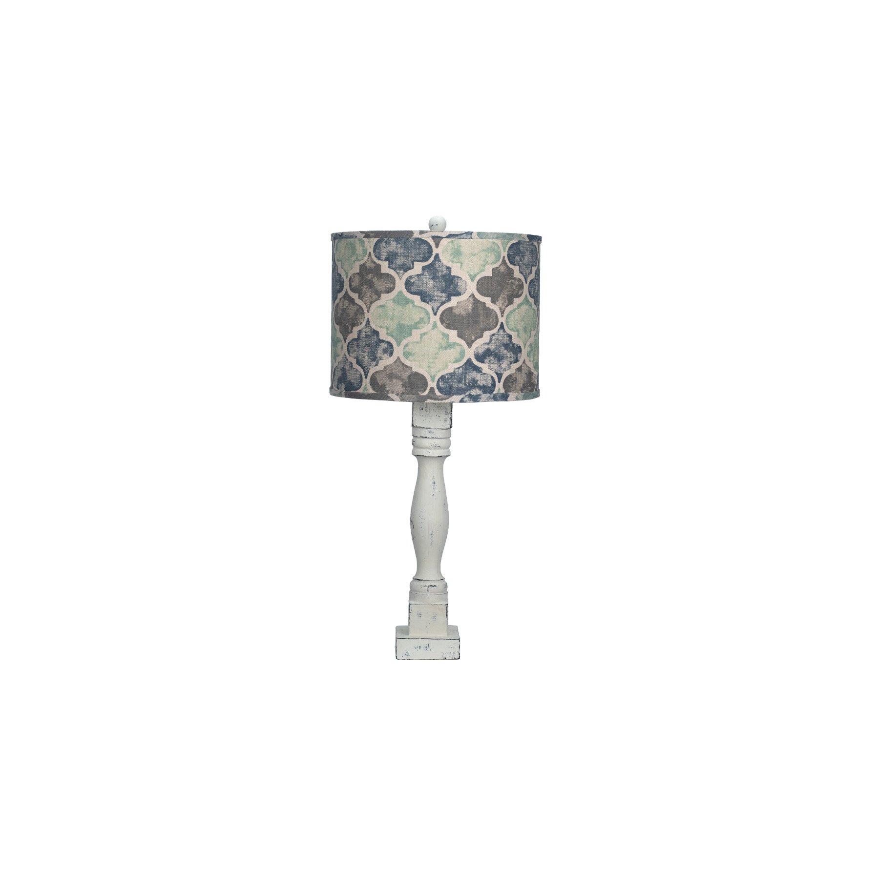 A stylish distressed white table lamp featuring a Moroccan tile design shade, perfect for enhancing home decor.