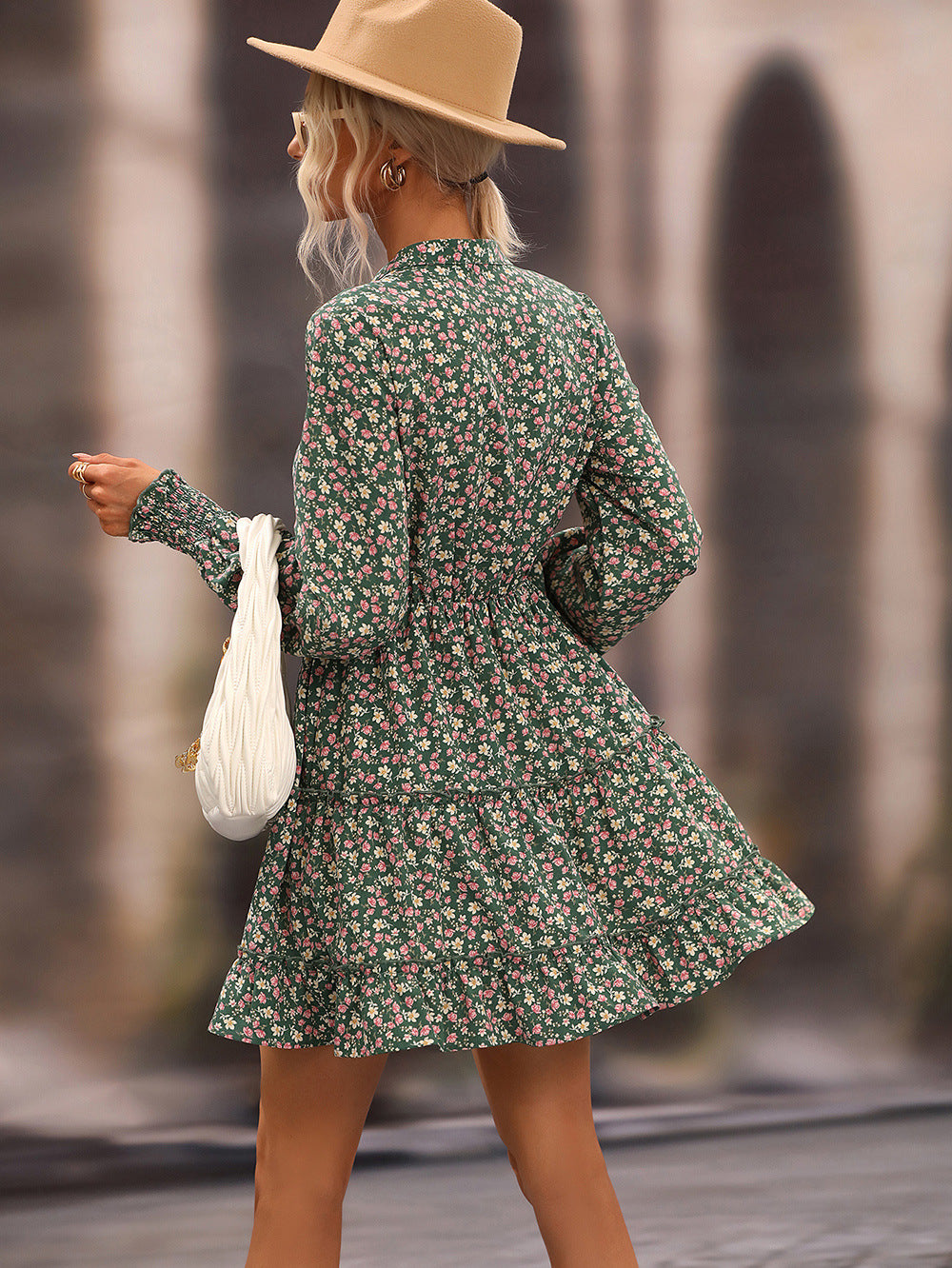 Ditsy Floral Frill Trim Tie-Neck Dress featuring a floral pattern, frill trim, and long lantern sleeves in a mini length.