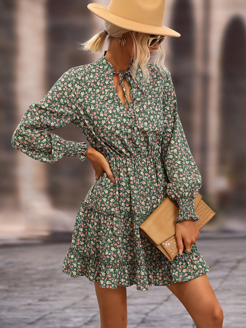 Ditsy Floral Frill Trim Tie-Neck Dress featuring a floral pattern, frill trim, and long lantern sleeves in a mini length.