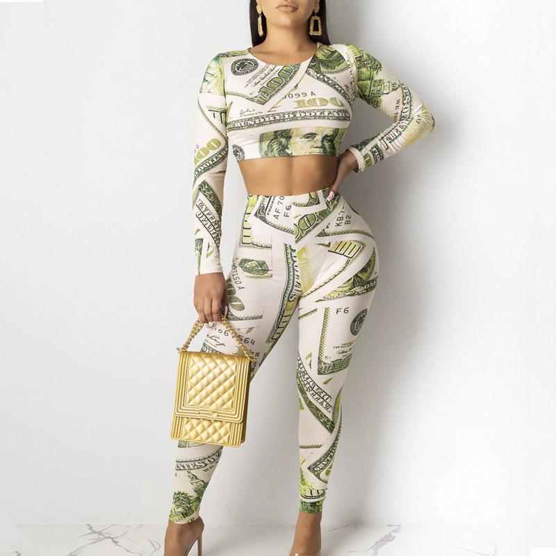 A stylish women's jumpsuit featuring a dollar print design, long sleeves, and an O neck, perfect for clubbing and parties.