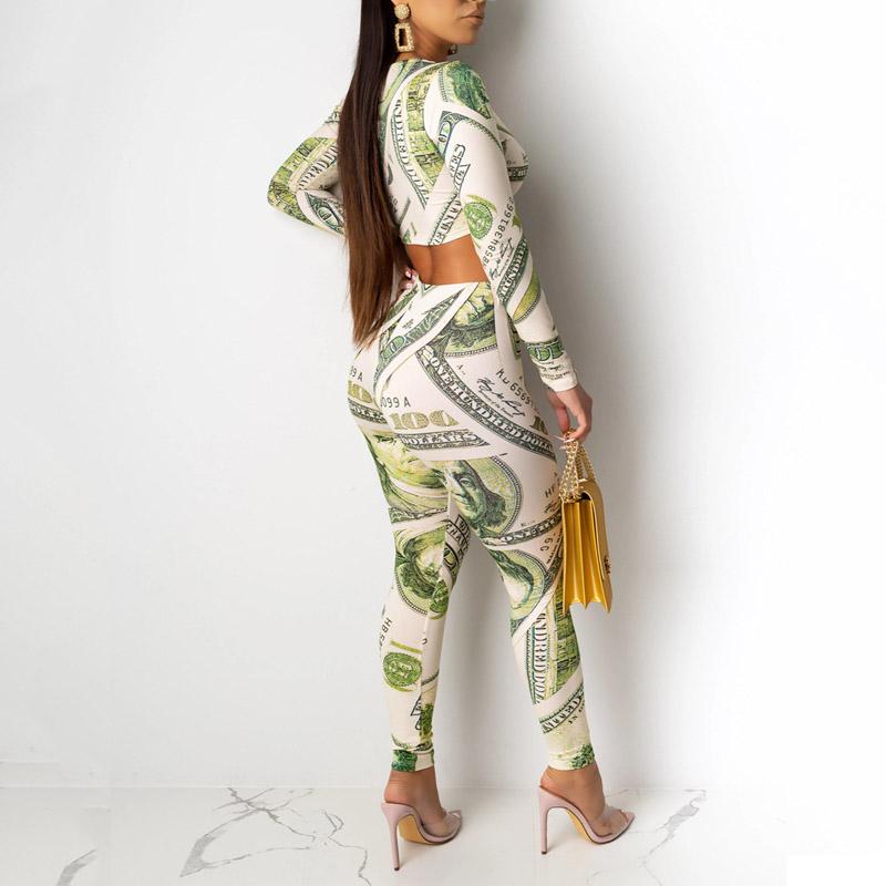 A stylish women's jumpsuit featuring a dollar print design, long sleeves, and an O neck, perfect for clubbing and parties.