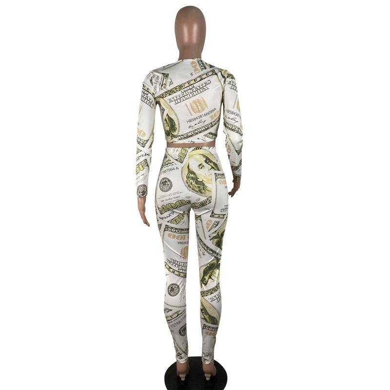 A stylish women's jumpsuit featuring a dollar print design, long sleeves, and an O neck, perfect for clubbing and parties.