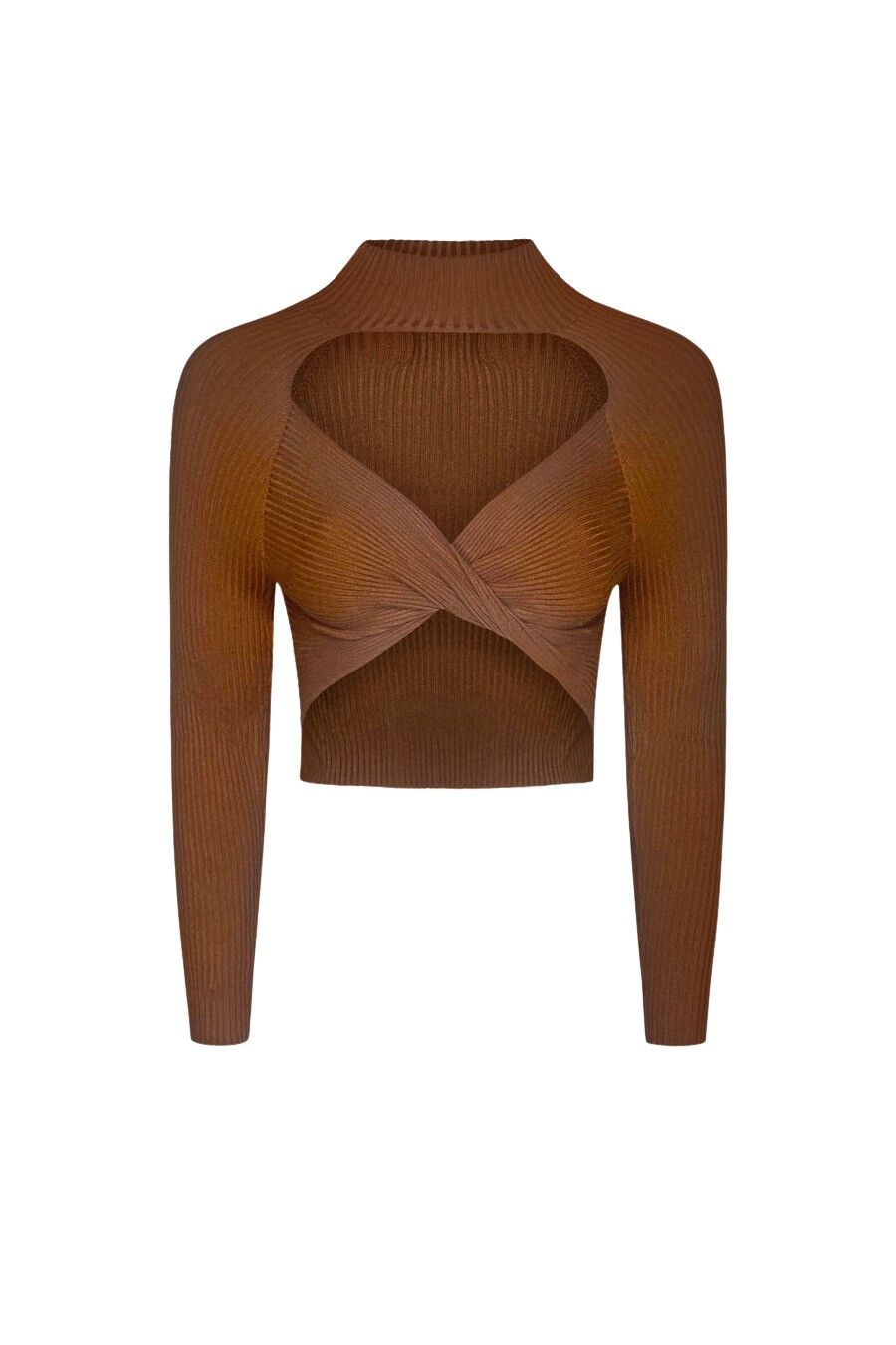 Brown ribbed crop top with open chest and front twist detail, featuring long sleeves and a turtleneck design.