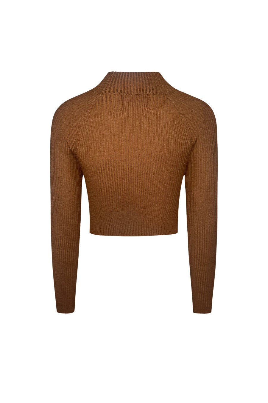 Brown ribbed crop top with open chest and front twist detail, featuring long sleeves and a turtleneck design.