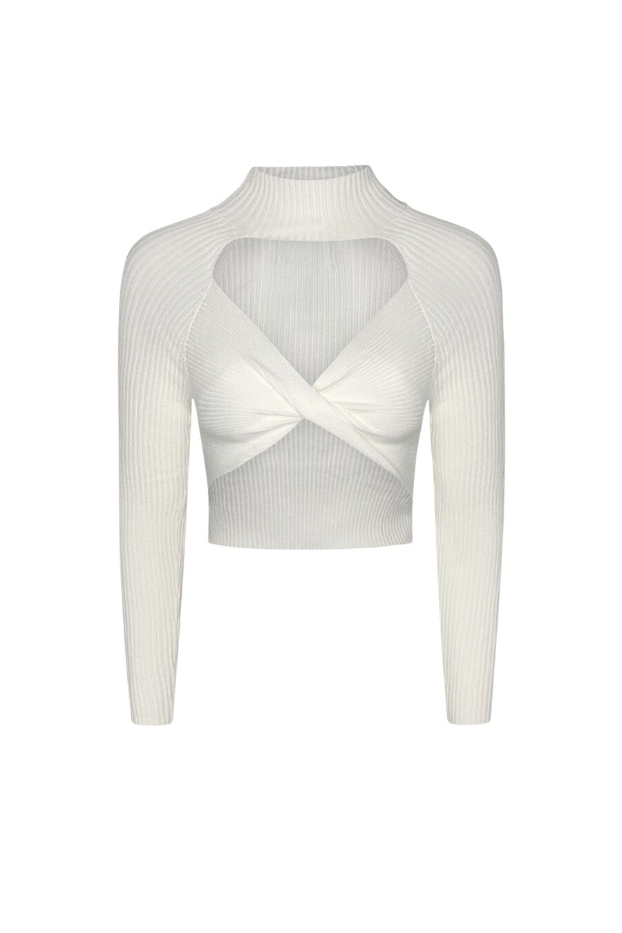 Brown ribbed crop top with open chest and front twist detail, featuring long sleeves and a turtleneck design.