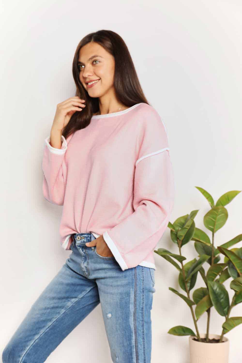 Double Take Contrast Detail Dropped Shoulder Knit Top featuring a boat neck and long sleeves in a stylish design.