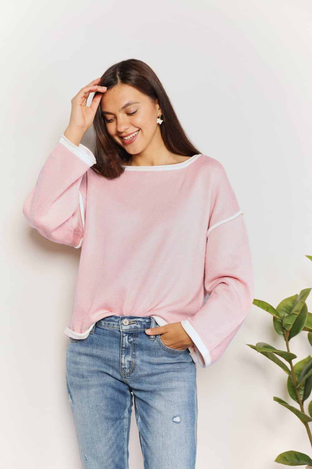 Double Take Contrast Detail Dropped Shoulder Knit Top featuring a boat neck and long sleeves in a stylish design.