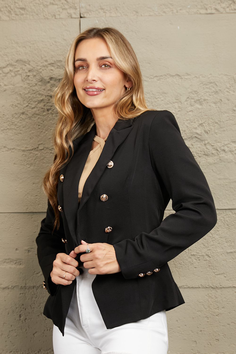 Double Take Double-Breasted Padded Shoulder Blazer in solid color, showcasing its chic design and structured silhouette.