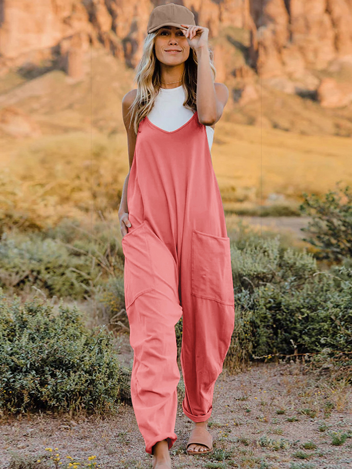 Double Take Full Size Sleeveless V-Neck Pocketed Jumpsuit in a stylish design, showcasing its V-neckline and convenient pockets.