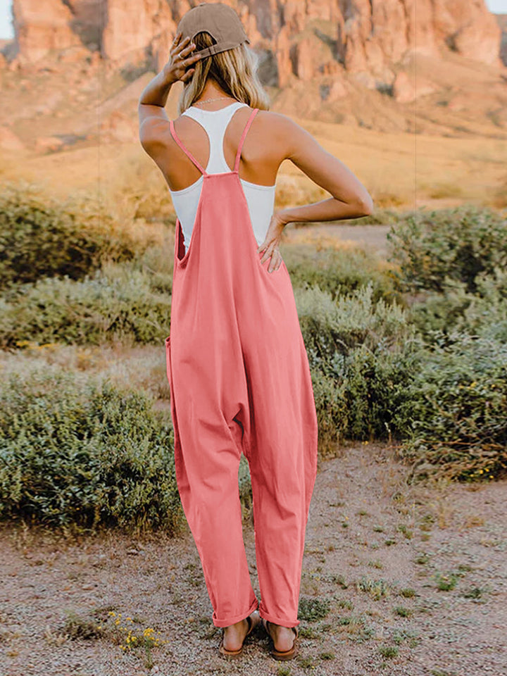 Double Take Full Size Sleeveless V-Neck Pocketed Jumpsuit in a stylish design, showcasing its V-neckline and convenient pockets.