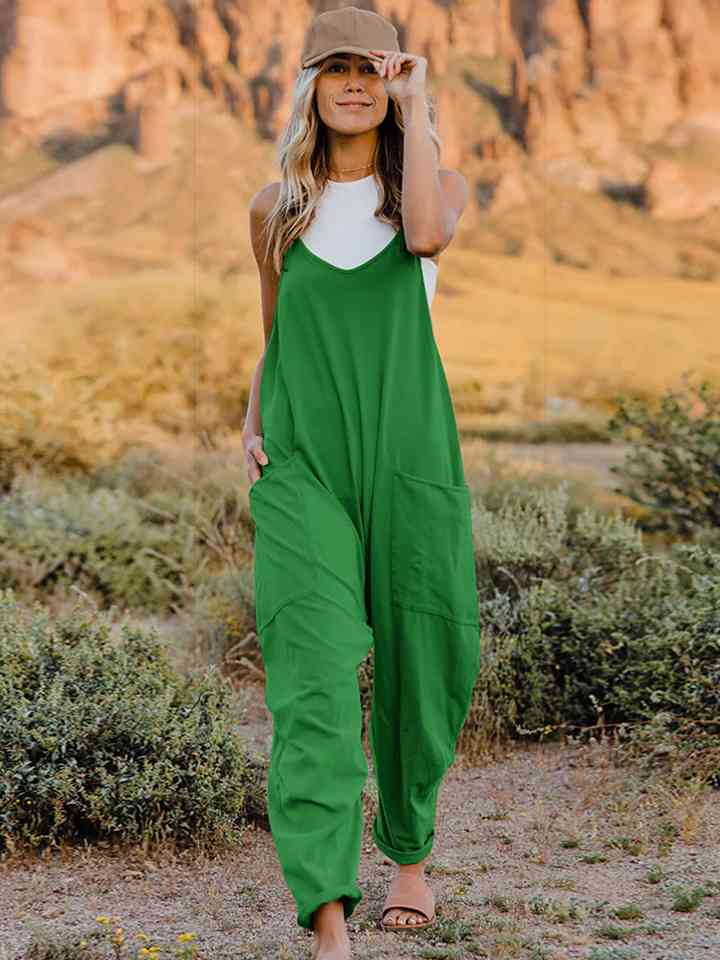 Double Take Full Size Sleeveless V-Neck Pocketed Jumpsuit in a stylish design, showcasing its V-neckline and side pockets.