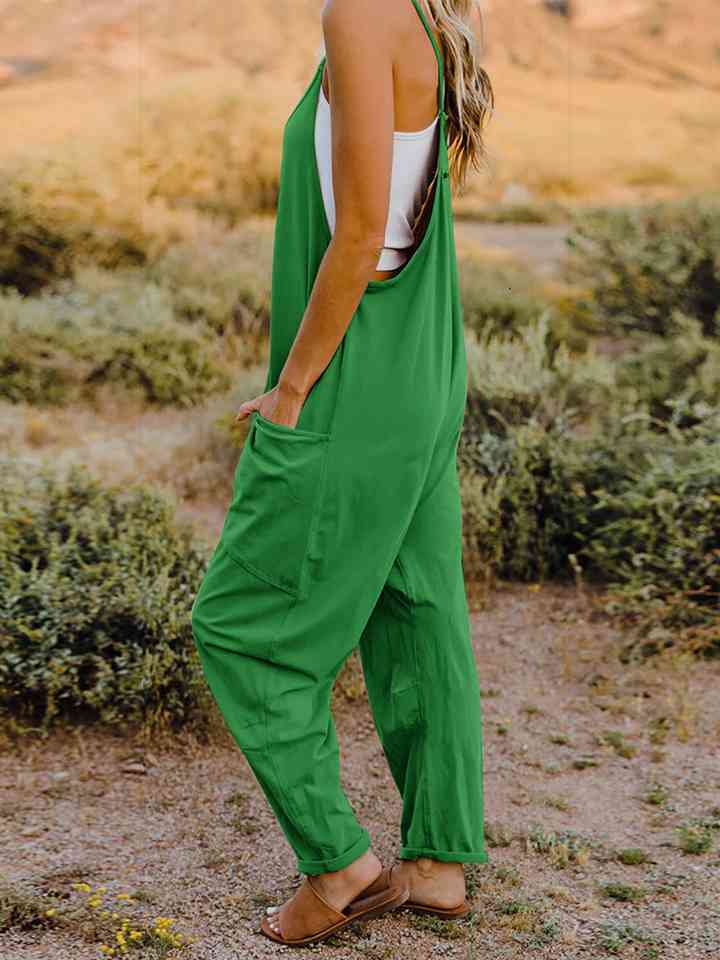 Double Take Full Size Sleeveless V-Neck Pocketed Jumpsuit in a stylish design, showcasing its V-neckline and side pockets.