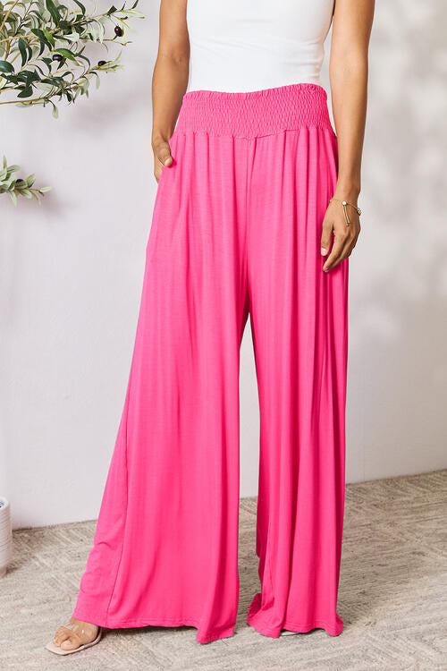 Double Take Full Size Smocked Wide Waistband Wide Leg Pants in a stylish design, showcasing the smocked waistband and wide leg cut.