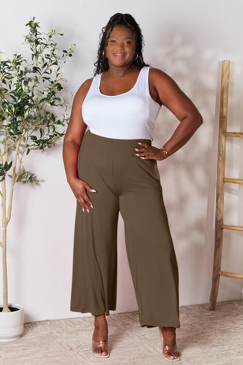 Double Take Full Size Smocked Wide Waistband Wide Leg Pants in a stylish design, showcasing the smocked waistband and wide leg cut.