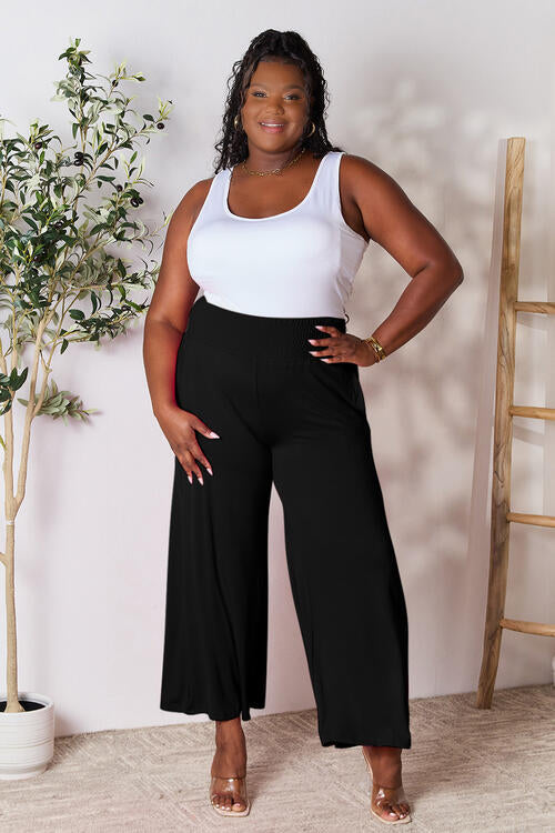 Double Take Full Size Smocked Wide Waistband Wide Leg Pants in a stylish design, showcasing the smocked waistband and wide leg cut.