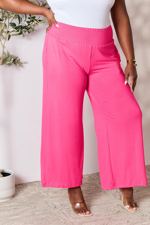 Double Take Full Size Smocked Wide Waistband Wide Leg Pants in a stylish design, showcasing the smocked waistband and wide leg cut.