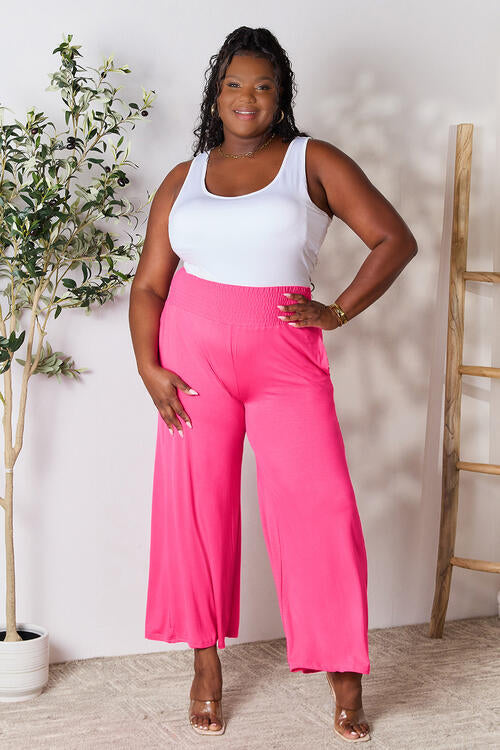 Double Take Full Size Smocked Wide Waistband Wide Leg Pants in a stylish design, showcasing the smocked waistband and wide leg cut.