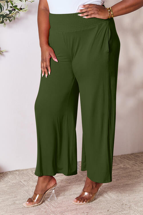 Double Take Full Size Smocked Wide Waistband Wide Leg Pants in a stylish design, showcasing the smocked waistband and wide leg cut.