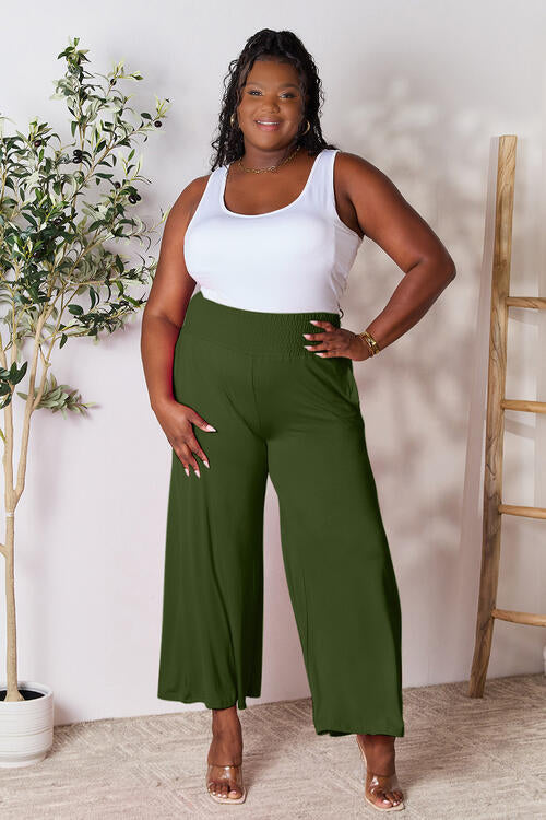 Double Take Full Size Smocked Wide Waistband Wide Leg Pants in a stylish design, showcasing the smocked waistband and wide leg cut.