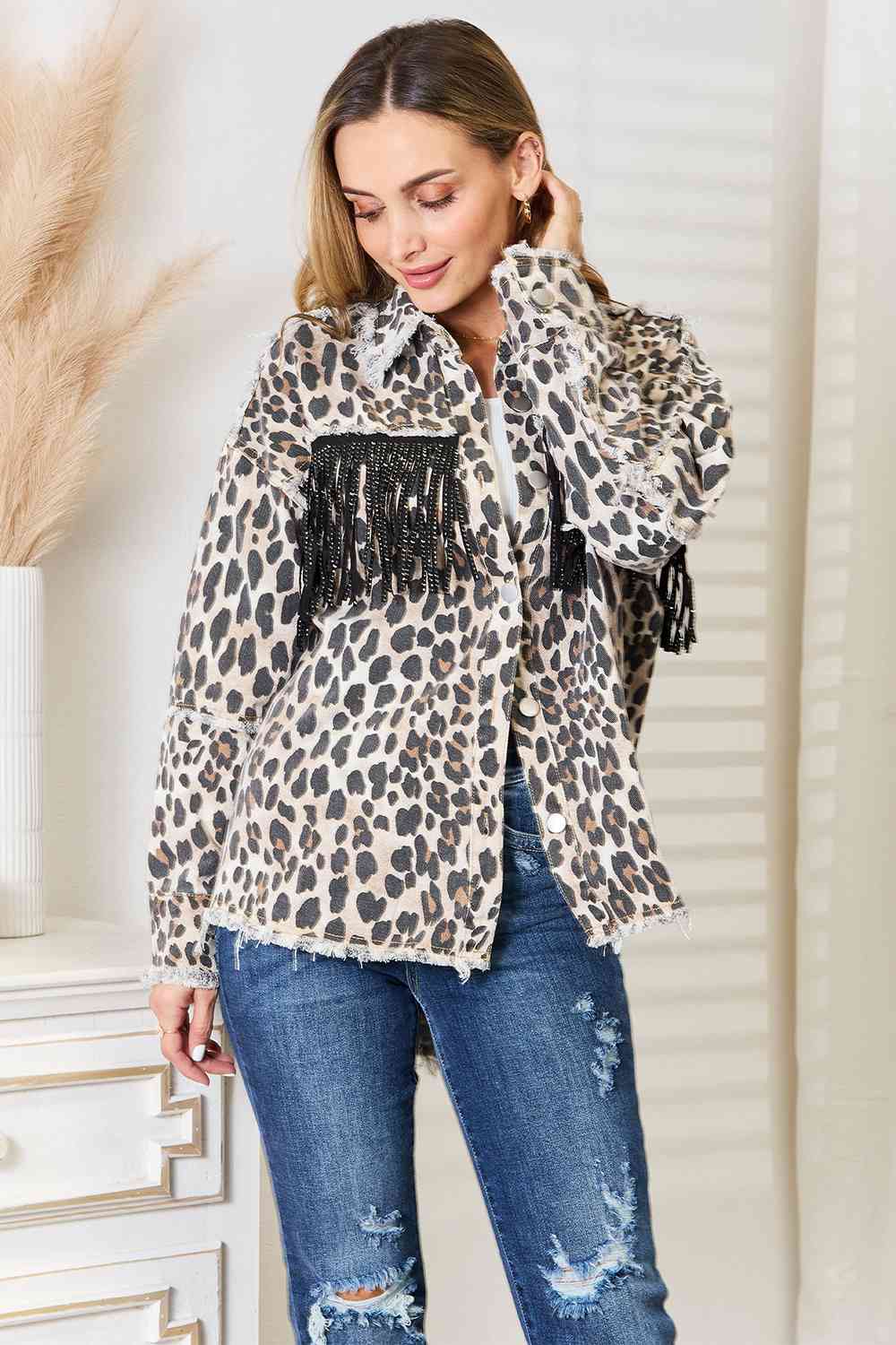 Double Take Leopard Fringe Detail Collared Neck Denim Jacket showcasing unique fringe detailing and stylish collar design.