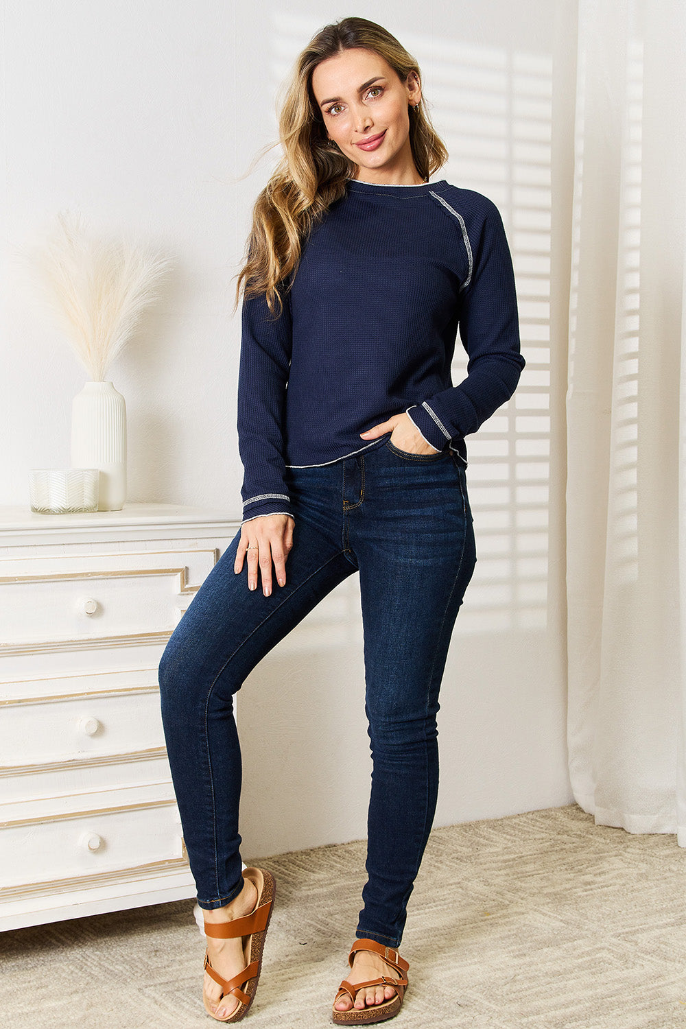 Double Take Long Raglan Sleeve Round Neck Top in a stylish design, featuring long sleeves and a classic round neck, perfect for versatile outfits.