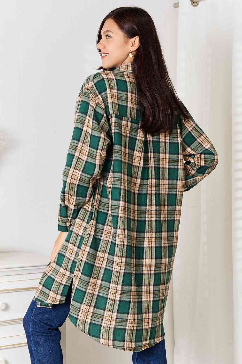 Double Take Plaid Collared Neck Long Sleeve Shirt featuring a classic plaid pattern and collared neck, perfect for versatile styling.