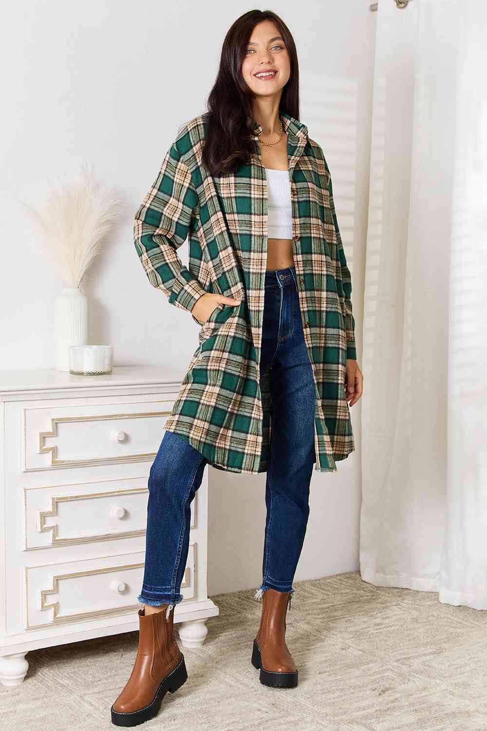 Double Take Plaid Collared Neck Long Sleeve Shirt featuring a classic plaid pattern and collared neck, perfect for versatile styling.