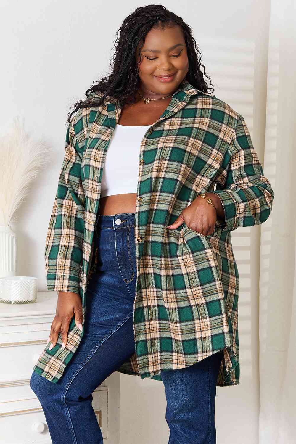 Double Take Plaid Collared Neck Long Sleeve Shirt featuring a classic plaid pattern and collared neck, perfect for versatile styling.