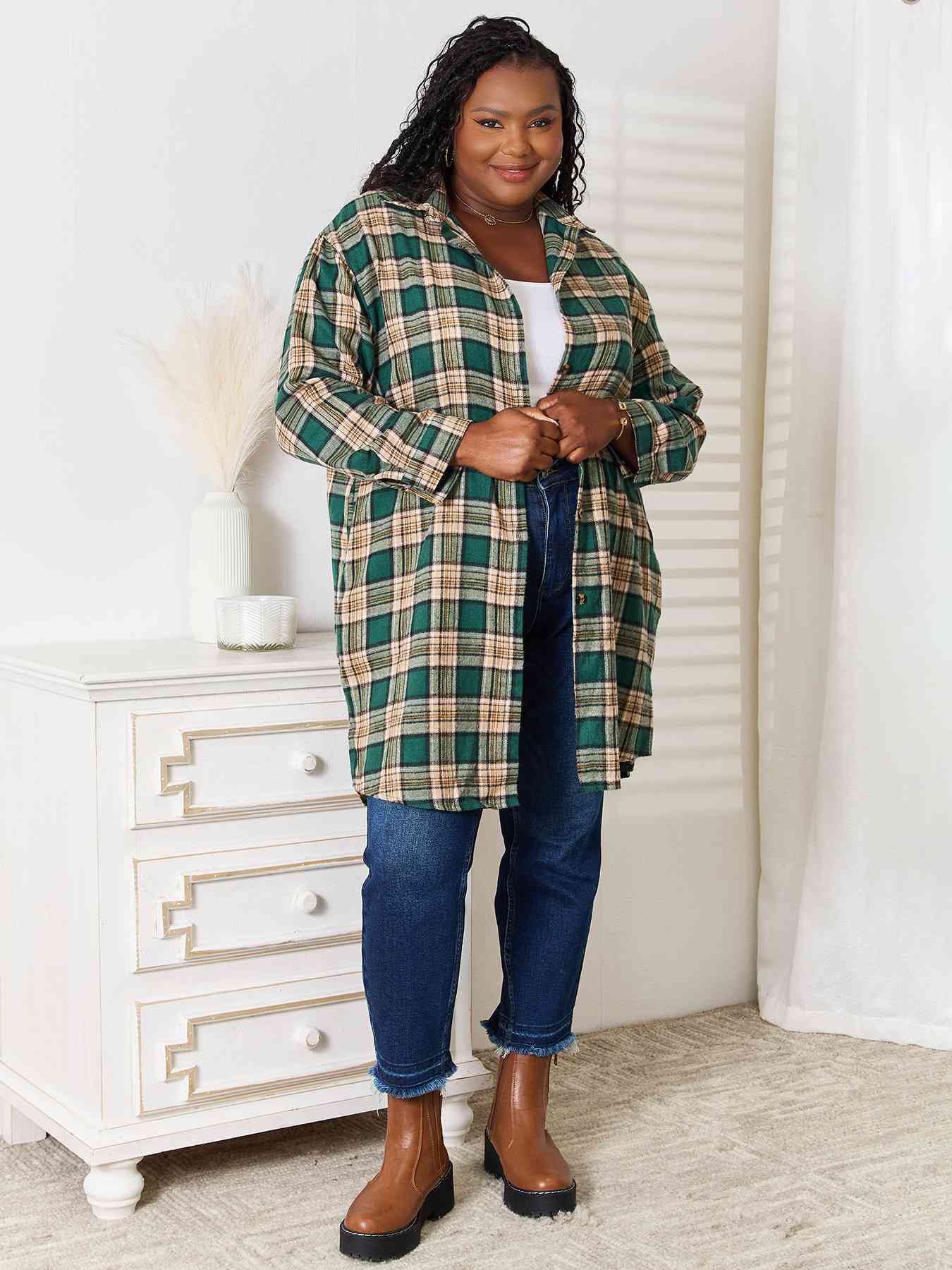 Double Take Plaid Collared Neck Long Sleeve Shirt featuring a classic plaid pattern and collared neck, perfect for versatile styling.