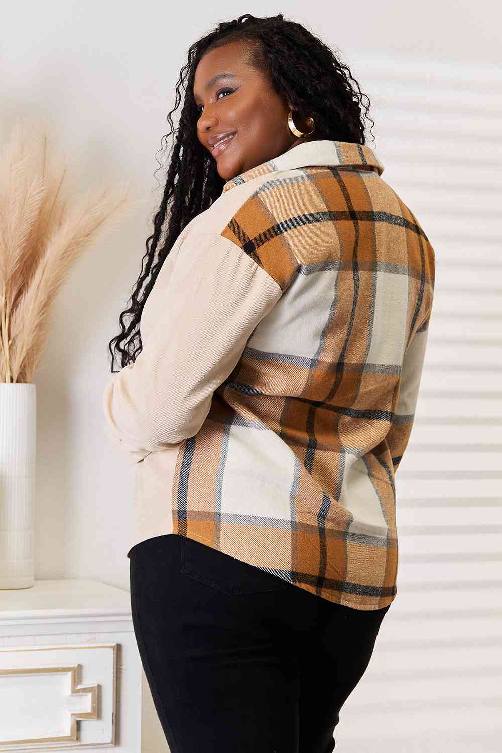 Double Take Plaid Print Dropped Shoulder Shirt featuring a classic plaid pattern and relaxed fit, perfect for casual wear.