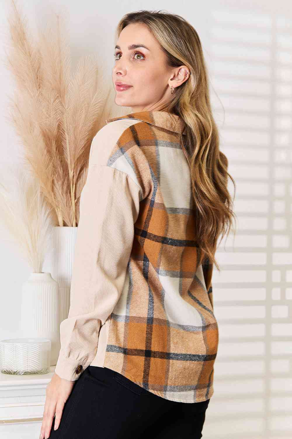 Double Take Plaid Print Dropped Shoulder Shirt featuring a classic plaid pattern and relaxed fit, perfect for casual wear.