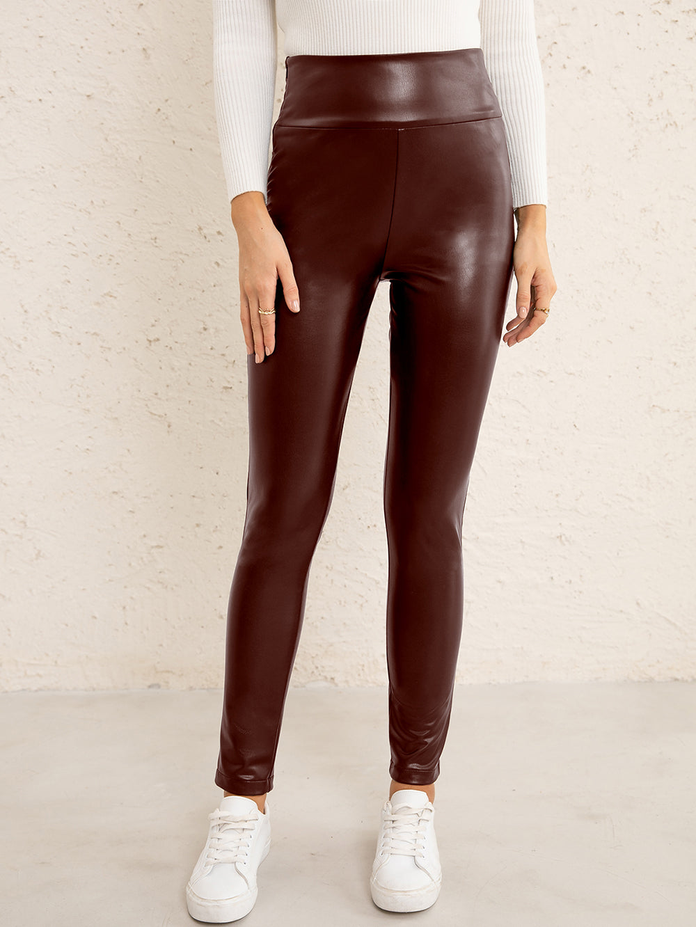 Double Take PU High Waist Straight Pants in solid color, showcasing a high waist and straight leg design, perfect for casual wear.