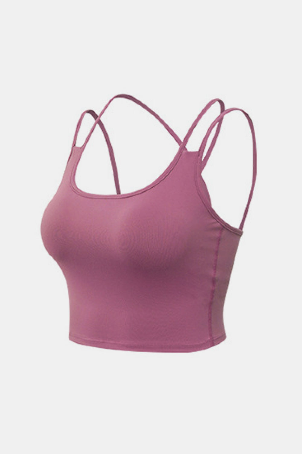 Double-Strap Cropped Yoga Cami in solid color with crisscross back and removable padding, showcasing its stylish design and flexibility.