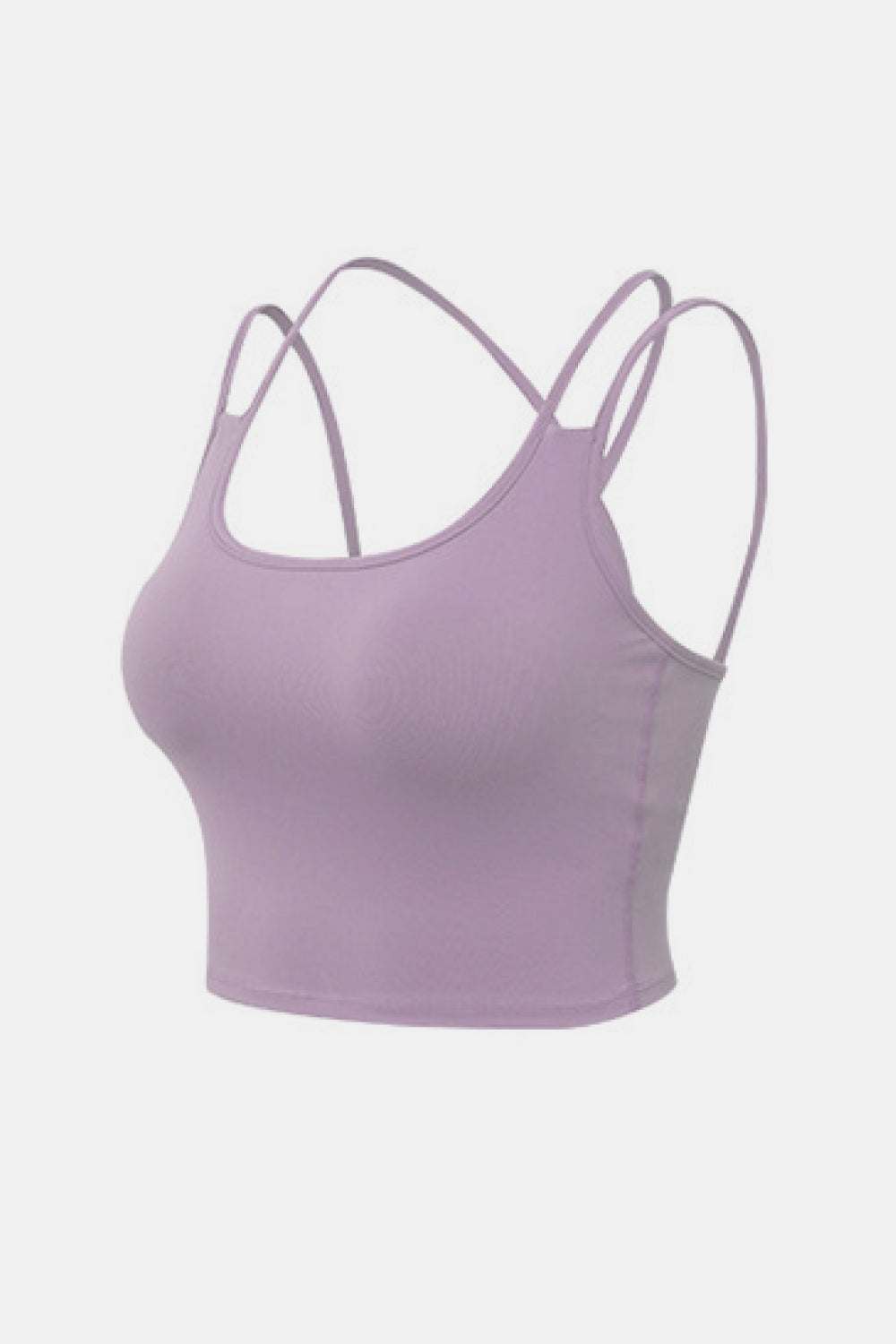 Double-Strap Cropped Yoga Cami in solid color with crisscross back and removable padding, showcasing its stylish design and flexibility.