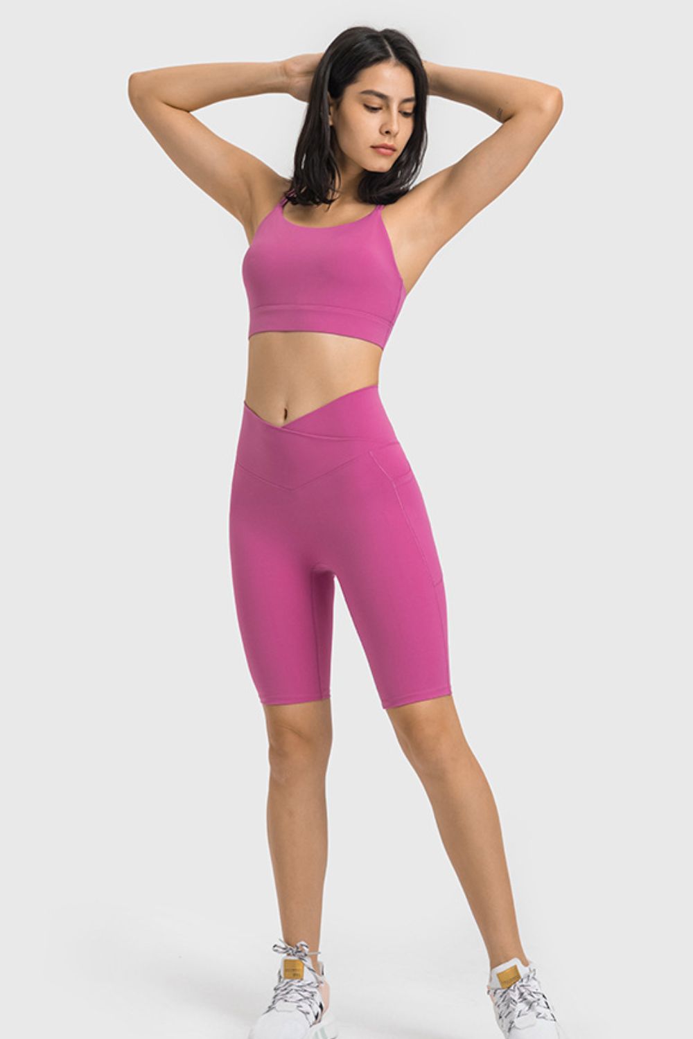 Double-Strap Cutout Sports Bra in solid color, showcasing its scoop neck design and removable padding.