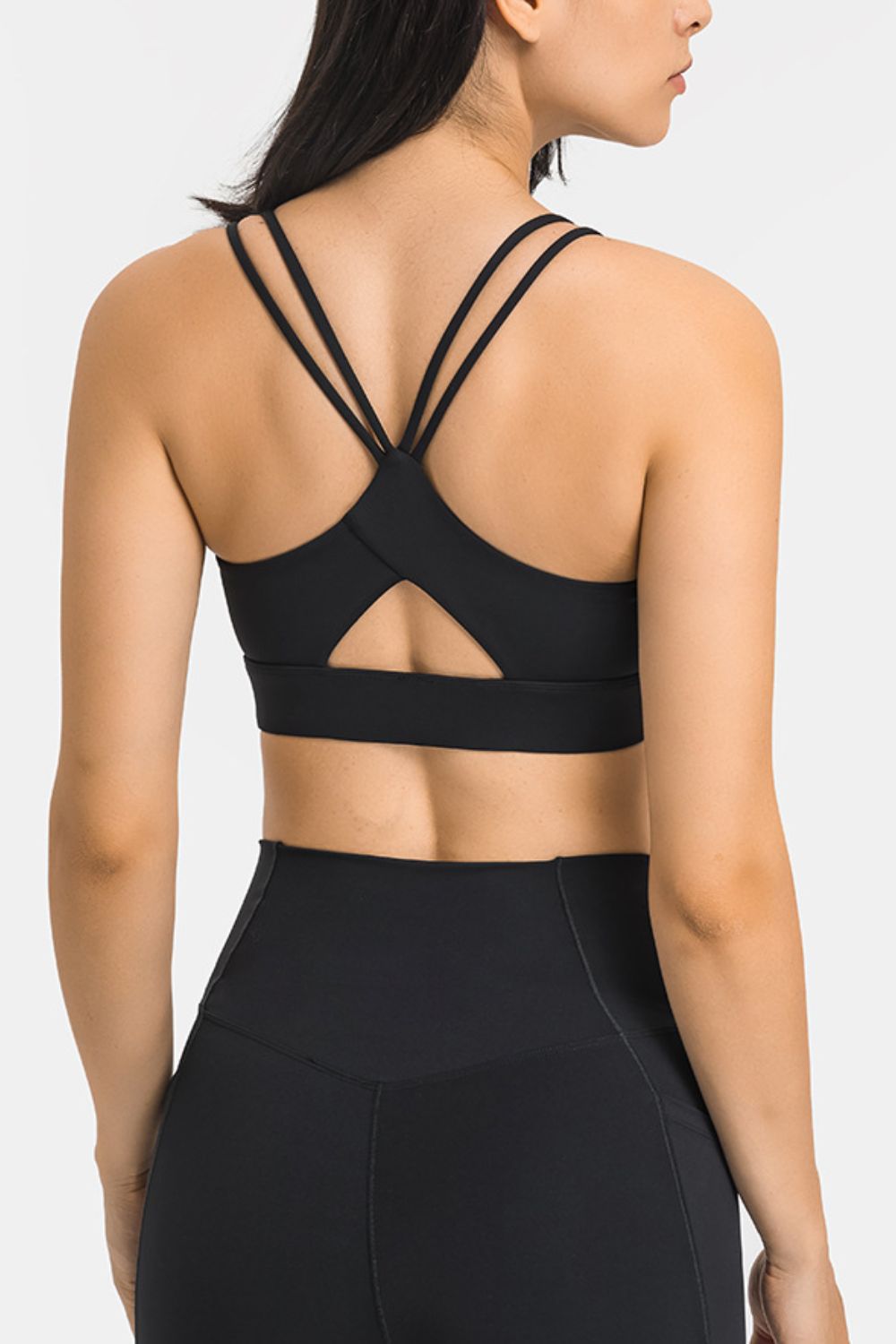 Double-Strap Cutout Sports Bra in solid color, showcasing its scoop neck design and removable padding.