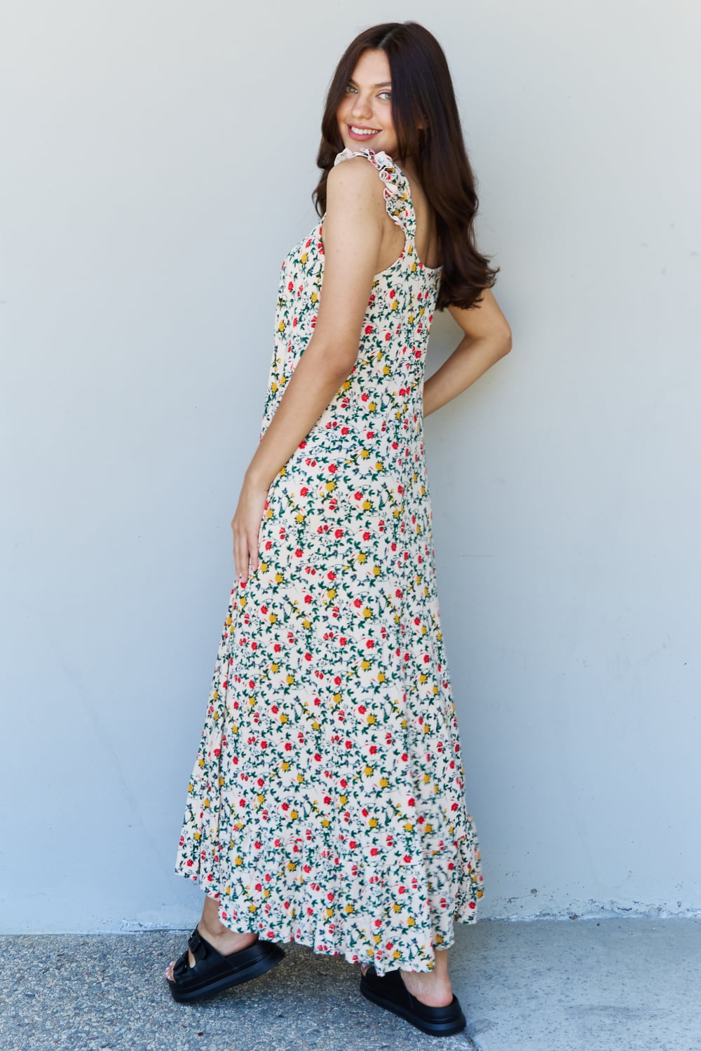 Doublju In The Garden Ruffle Floral Maxi Dress featuring ruffle straps and a vibrant floral print in Natural Rose.