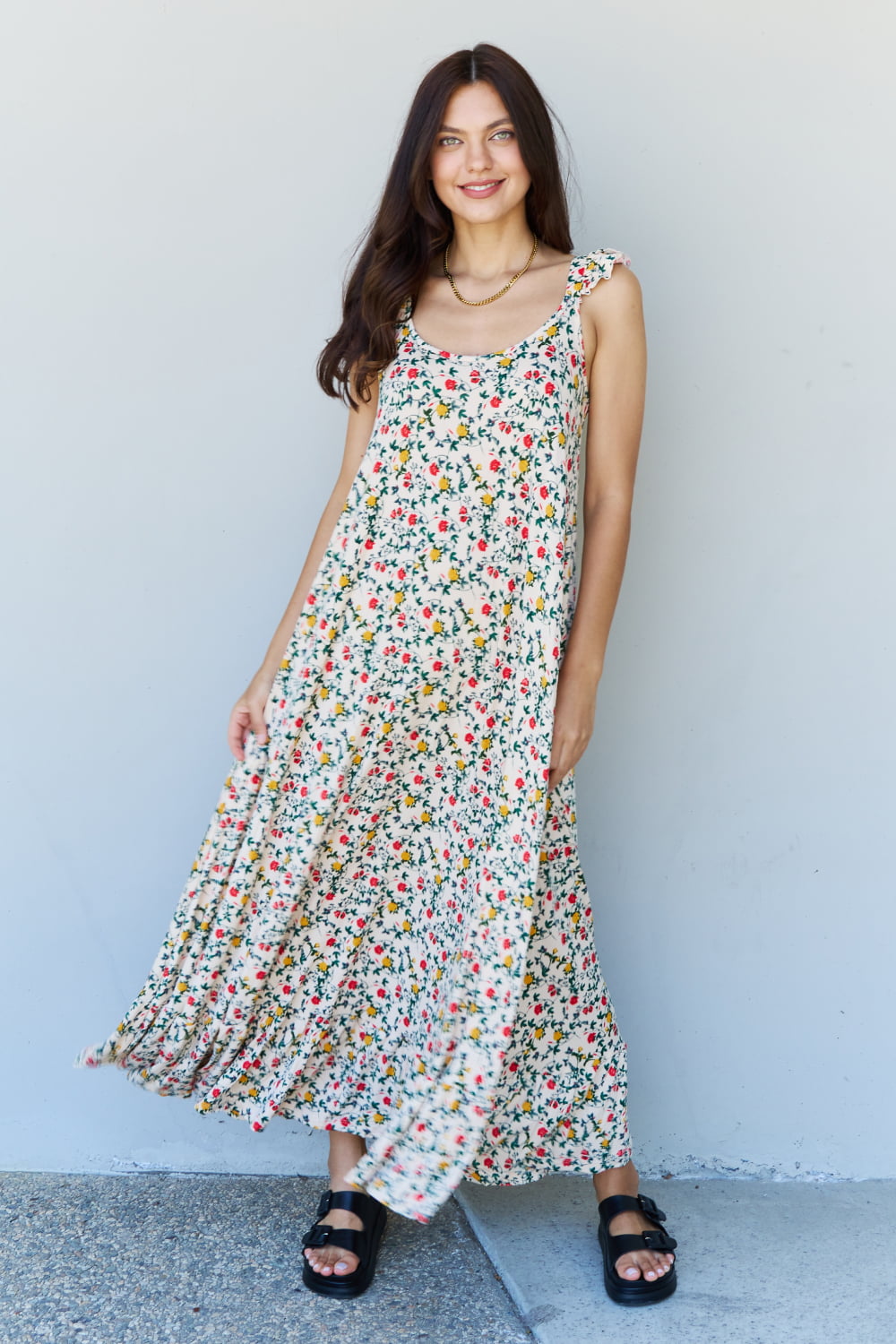 Doublju In The Garden Ruffle Floral Maxi Dress featuring ruffle straps and a vibrant floral print in Natural Rose.