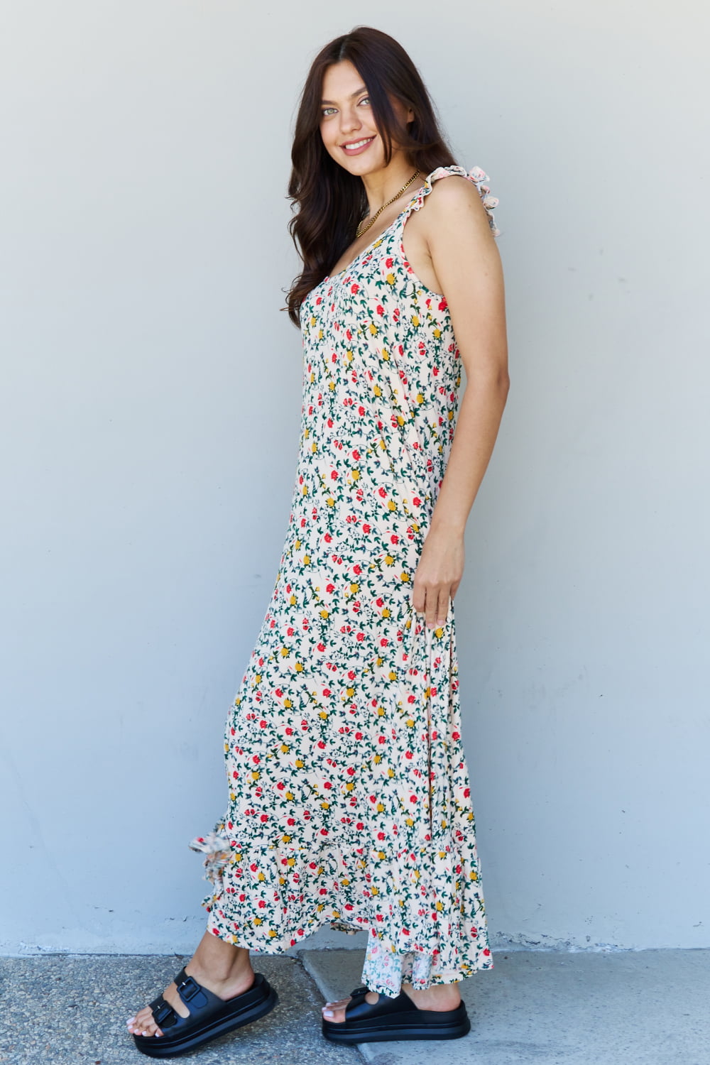 Doublju In The Garden Ruffle Floral Maxi Dress featuring ruffle straps and a vibrant floral print in Natural Rose.