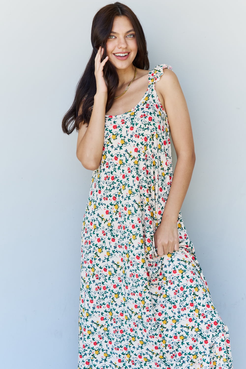 Doublju In The Garden Ruffle Floral Maxi Dress featuring ruffle straps and a vibrant floral print in Natural Rose.