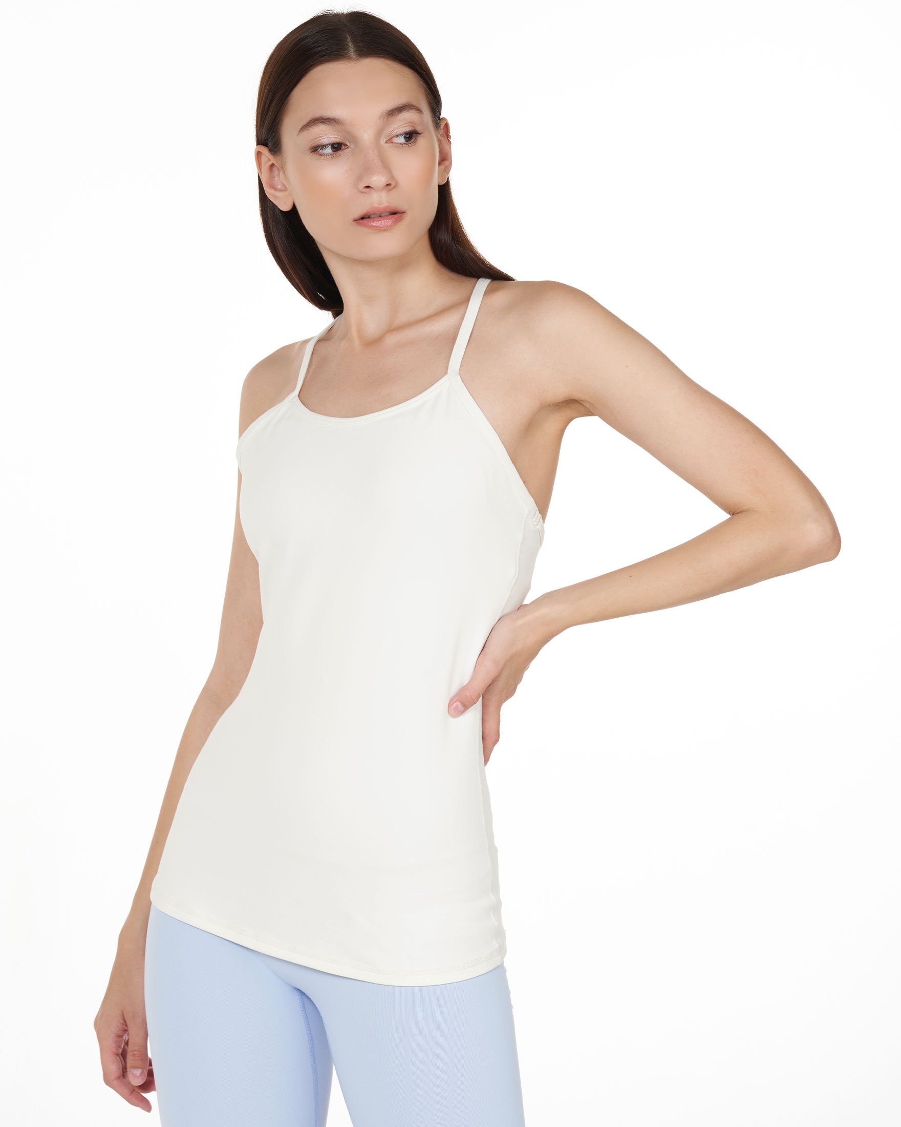 Dove Cloudlux Bra Tank featuring thin racerback straps and soft compression fabric, ideal for yoga and athleisure.