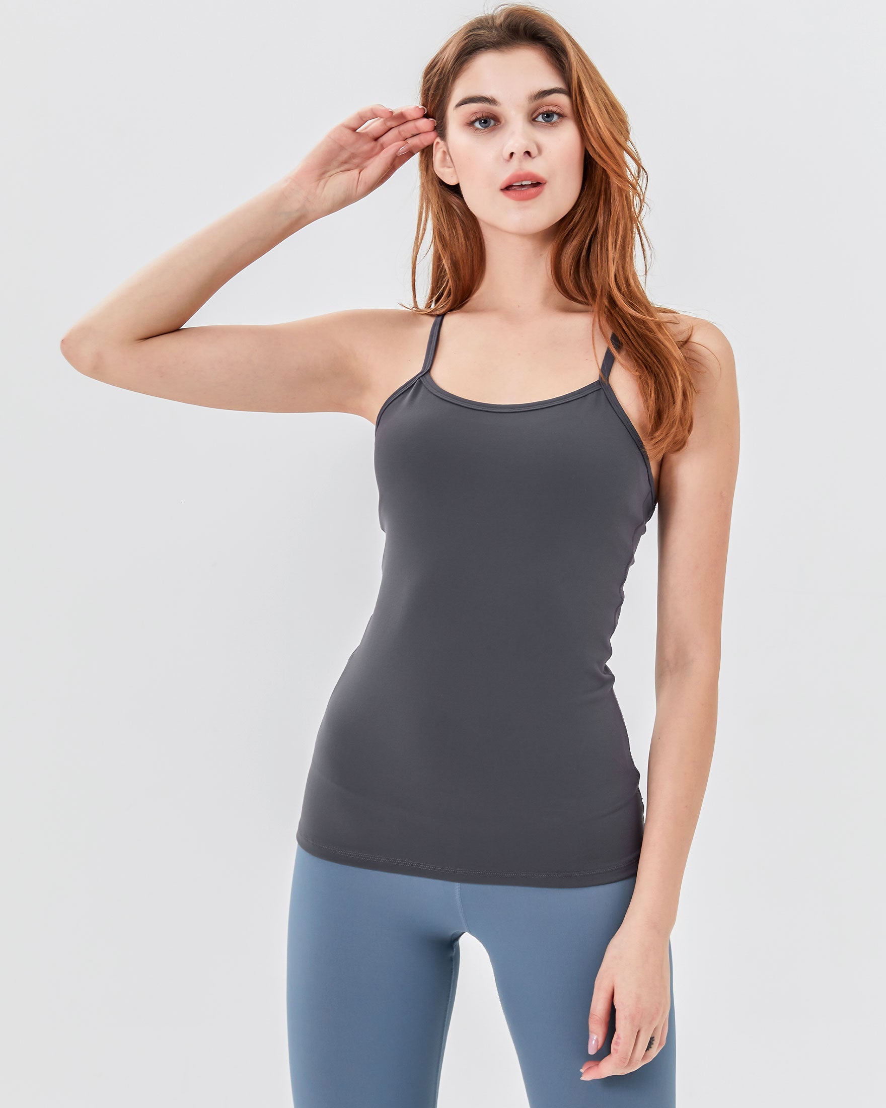 Dove Cloudlux Bra Tank featuring thin racerback straps and soft compression fabric, ideal for yoga and athleisure.