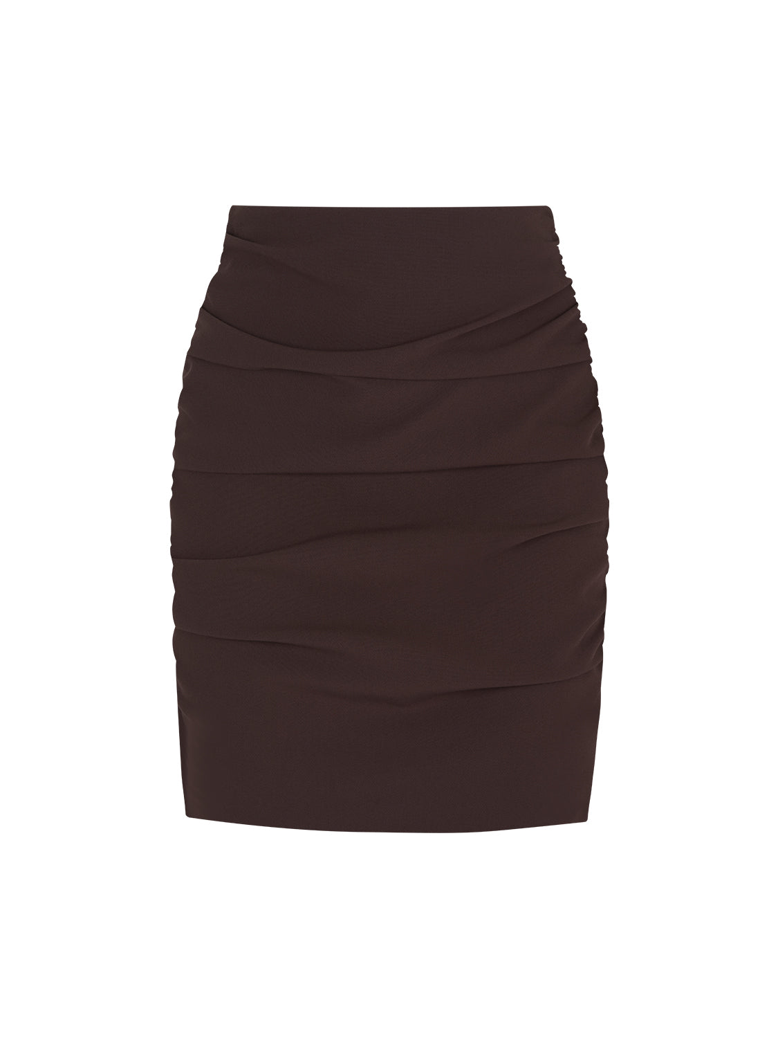 High-waisted draped mini skirt in warm neo brown, featuring a hidden side zipper for a seamless look.