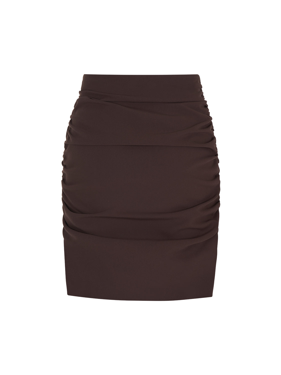 High-waisted draped mini skirt in warm neo brown, featuring a hidden side zipper for a seamless look.