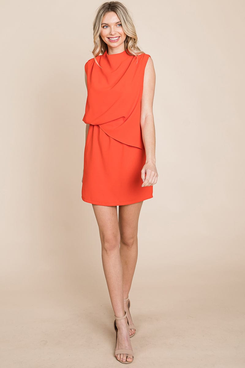 A stylish draped sleeveless mini cocktail dress featuring a mock neck and back keyhole detail, perfect for elegant occasions.